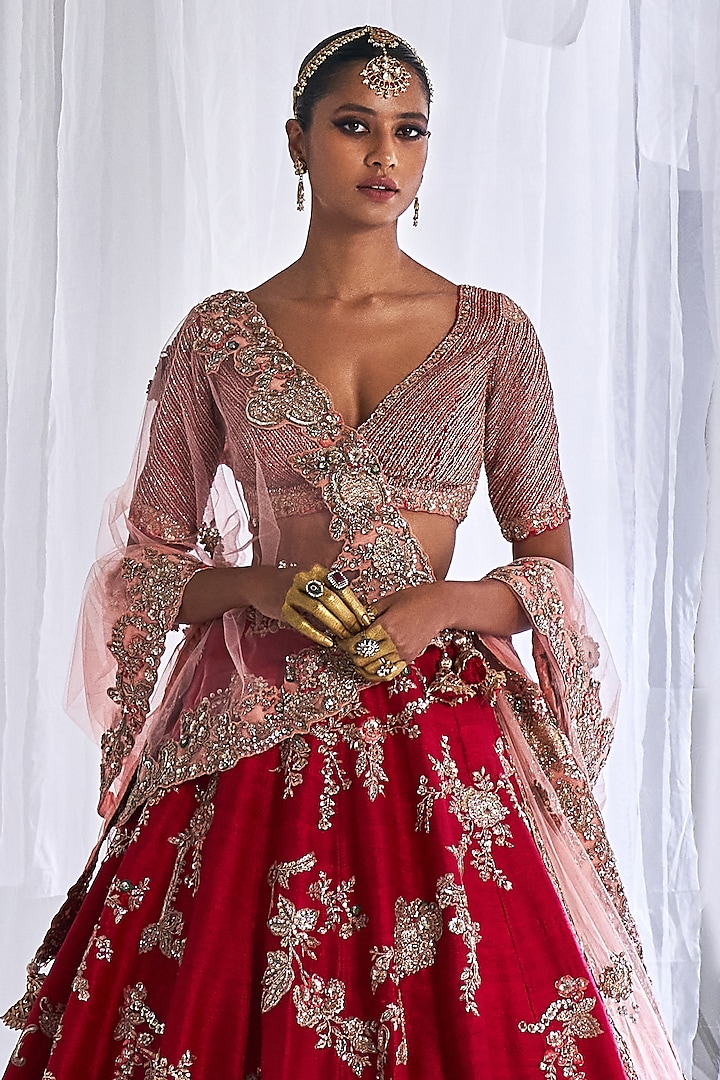 Maroon Raw Silk Embroidered Bridal Lehenga Set by Dolly J at Pernia's Pop Up Shop