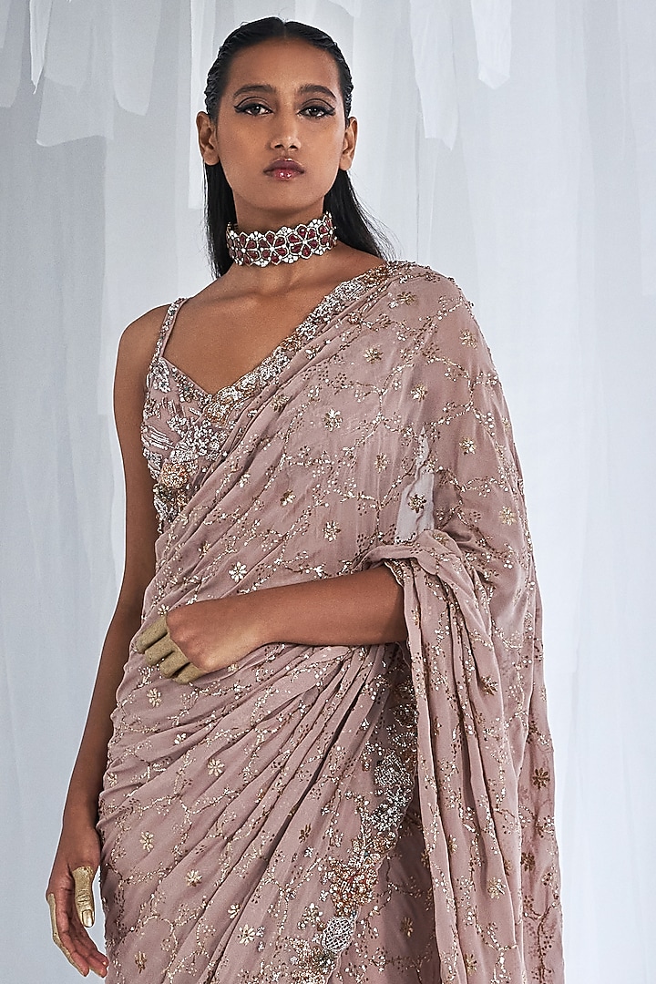 Lavender Silk Georgette Embroidered Bridal Saree Set by Dolly J at Pernia's Pop Up Shop