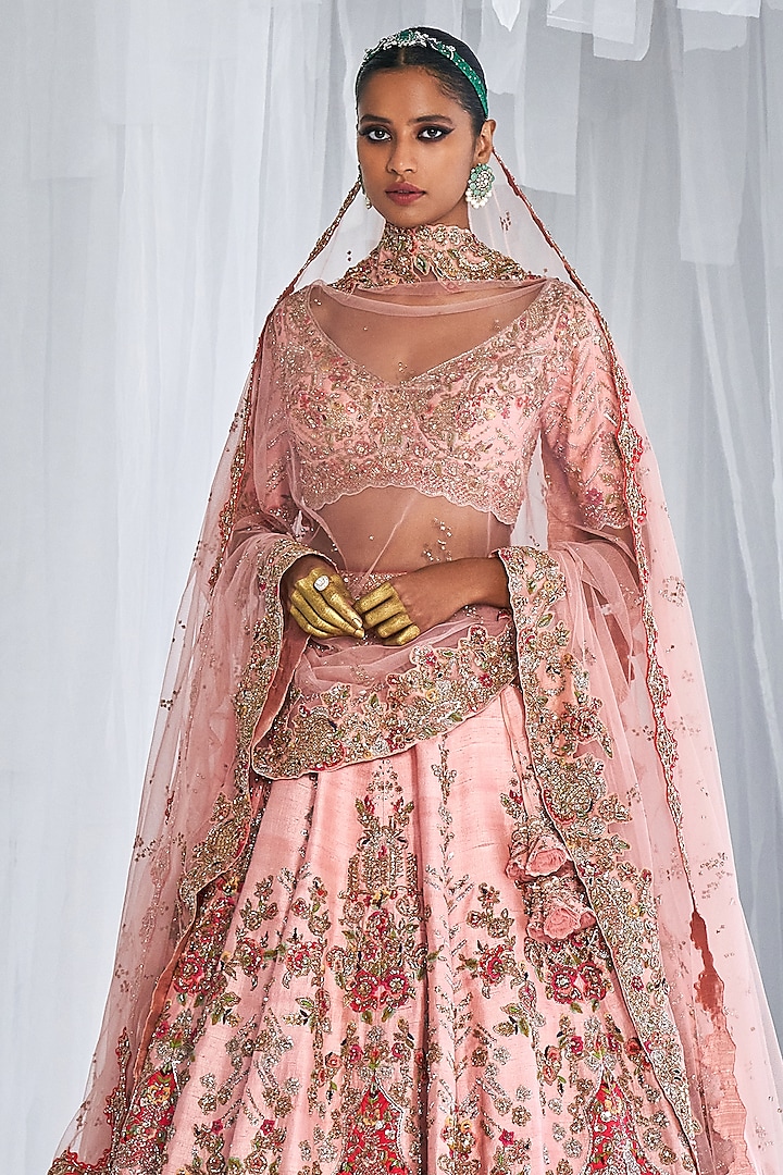 Peach Pink Raw Silk Embroidered Bridal Lehenga Set by Dolly J at Pernia's Pop Up Shop