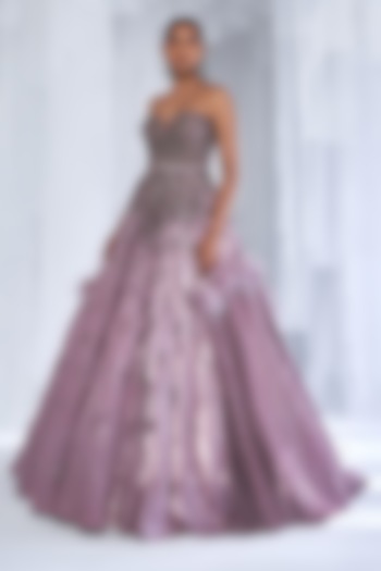 Lavender Silk Satin Embellished Bridal Gown With Belt by Dolly J at Pernia's Pop Up Shop