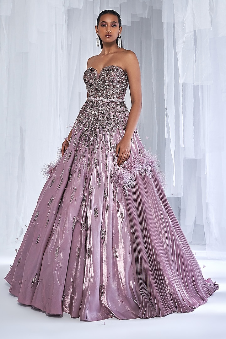 Lavender Silk Satin Embellished Gown With Belt by Dolly J