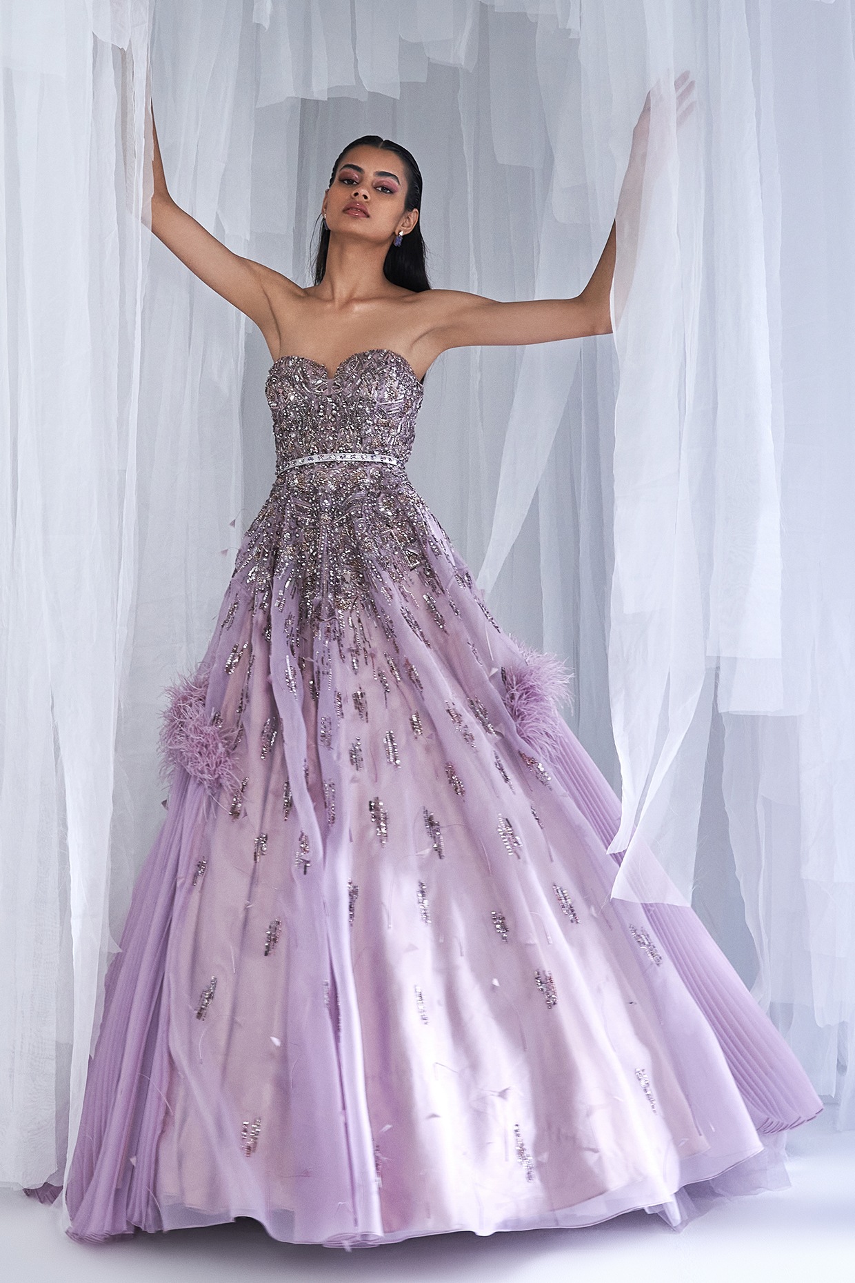 Pale Mauve Silk Satin Embellished Gown With Belt Design by Dolly J