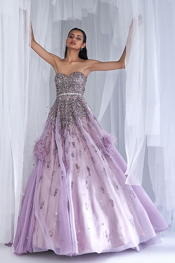 Pale Mauve Silk Satin Embellished Gown With Belt by Dolly J