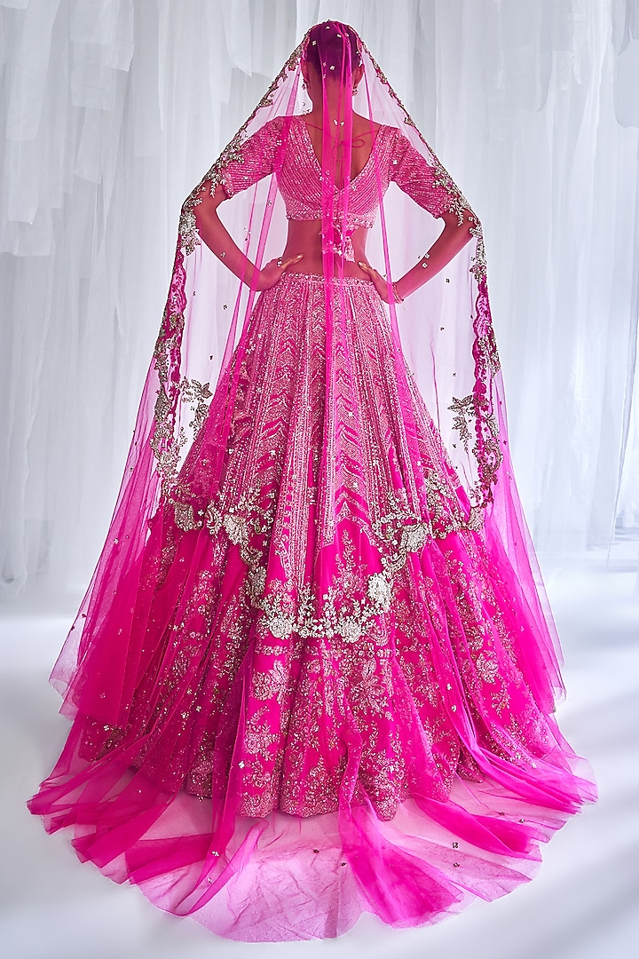 Fuchsia Raw Silk Embroidered Bridal Lehenga Set  by Dolly J at Pernia's Pop Up Shop