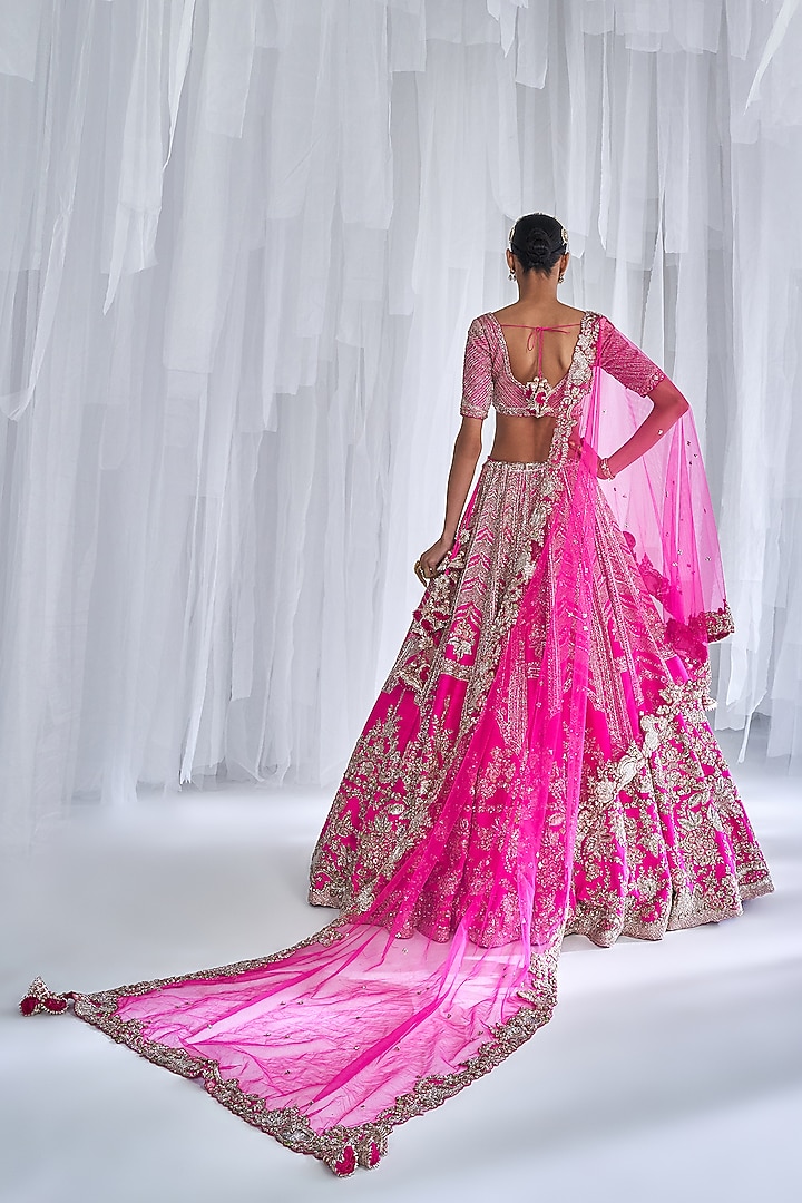 Fuchsia Raw Silk Embroidered Bridal Lehenga Set  by Dolly J at Pernia's Pop Up Shop