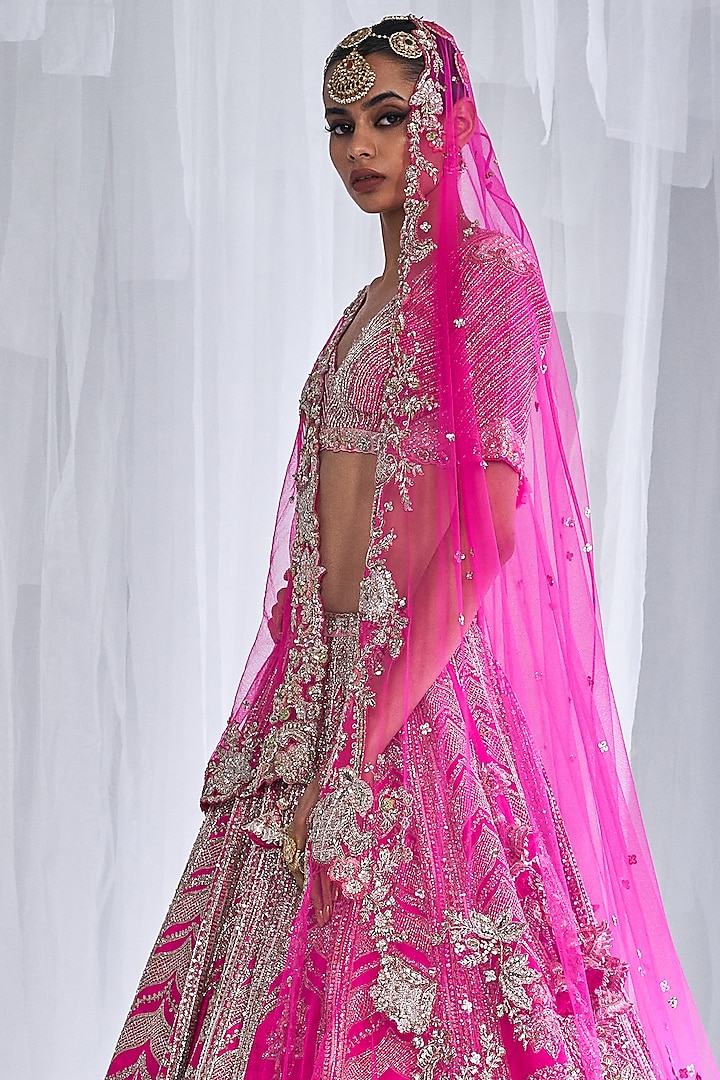 Fuchsia Raw Silk Embroidered Bridal Lehenga Set  by Dolly J at Pernia's Pop Up Shop