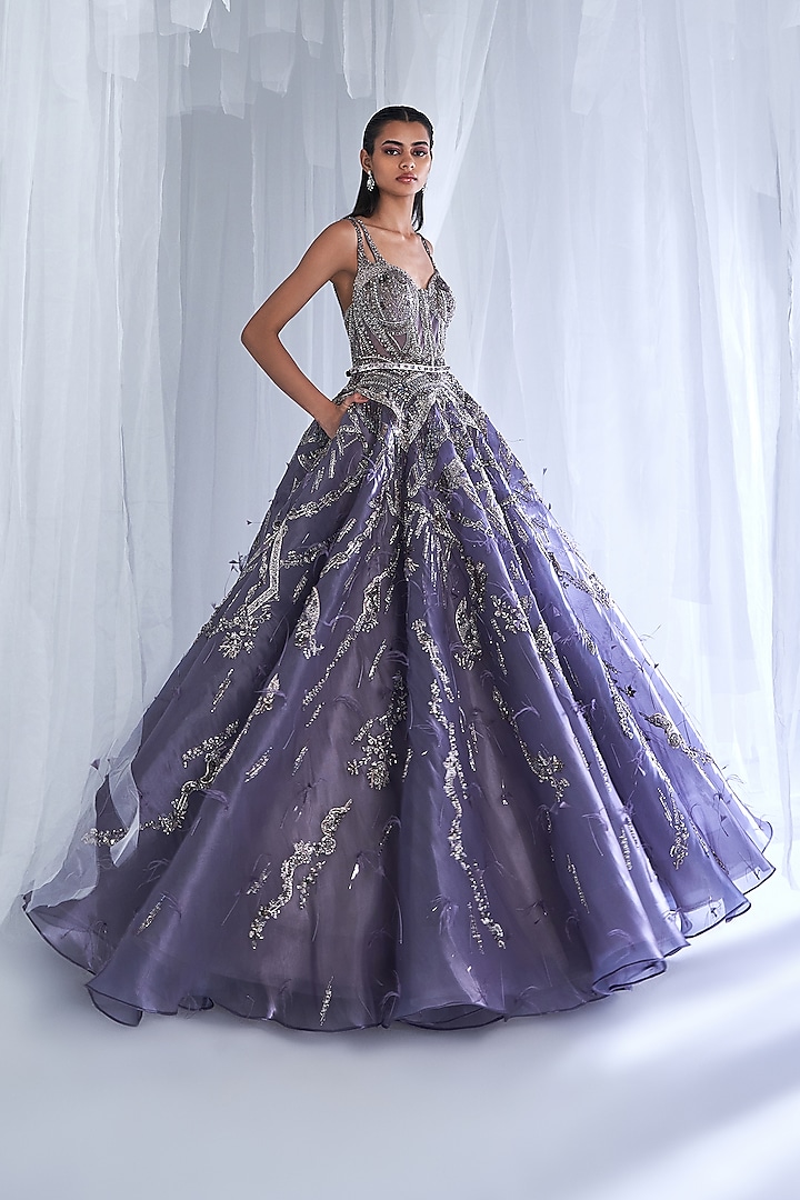 Steel Blue Metallic Organza Embellished Gown With Belt by Dolly J
