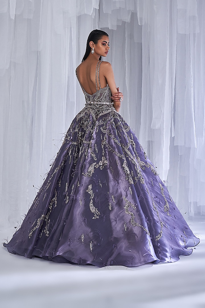 Steel Blue Metallic Organza Embellished Bridal Gown With Belt by Dolly J at Pernia's Pop Up Shop