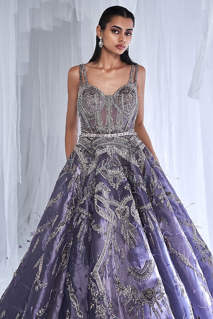 Steel Blue Metallic Organza Embellished Bridal Gown With Belt by Dolly J at Pernia's Pop Up Shop