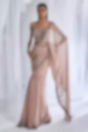 Ivory Chiffon Pre-Stitched Saree Set by Dolly J