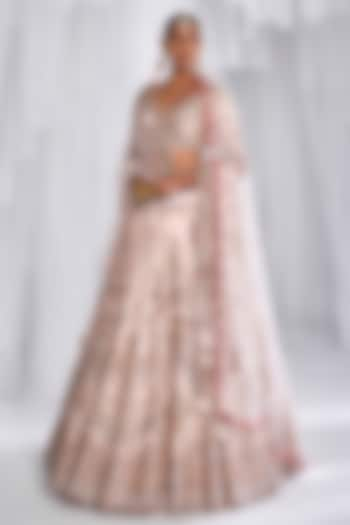 Pale Pink Raw Silk Zardosi Embroidered Lehenga Set  by Dolly J