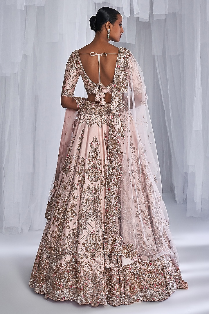 Pale Pink Raw Silk Zardosi Embroidered Bridal Lehenga Set by Dolly J at Pernia's Pop Up Shop