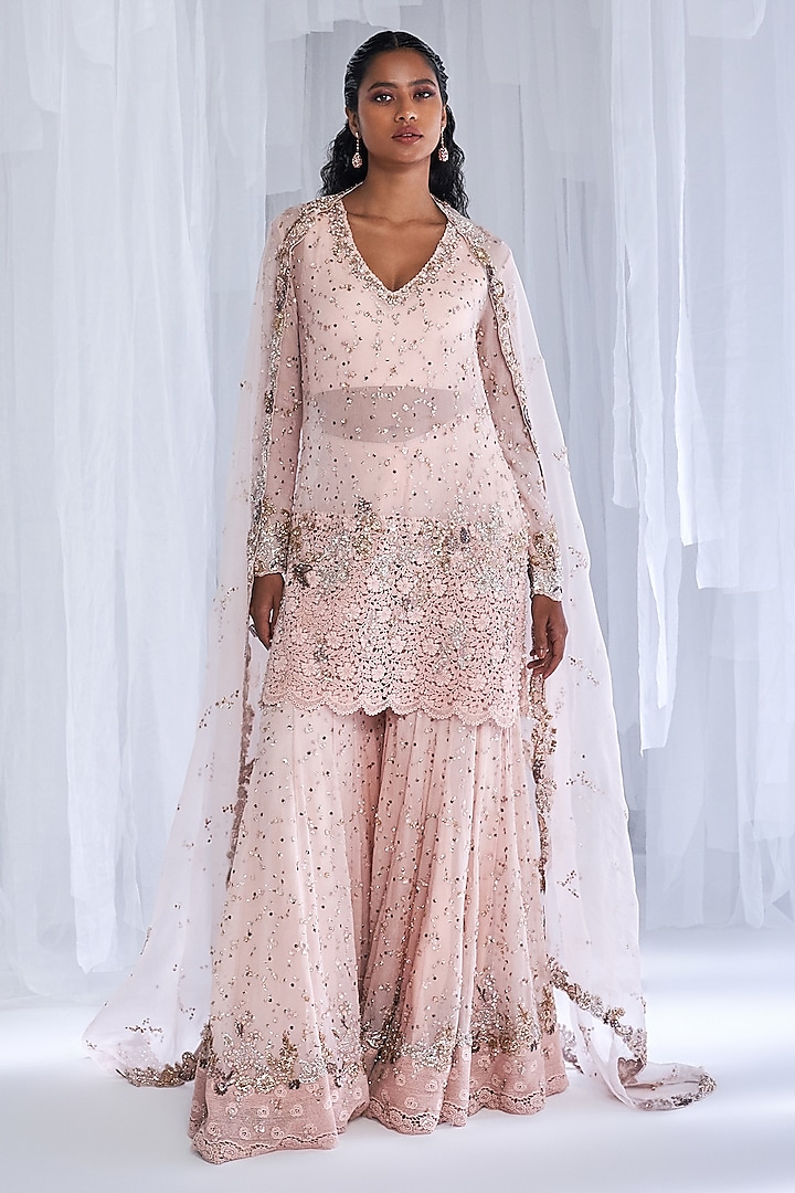 Pale Pink Chiffon Embroidered Sharara Set by Dolly J at Pernia's Pop Up Shop