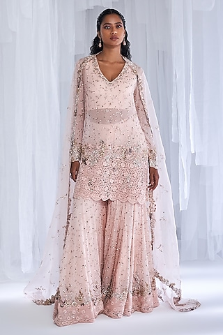 Pale Pink Chiffon Embroidered Sharara Set by Dolly J
