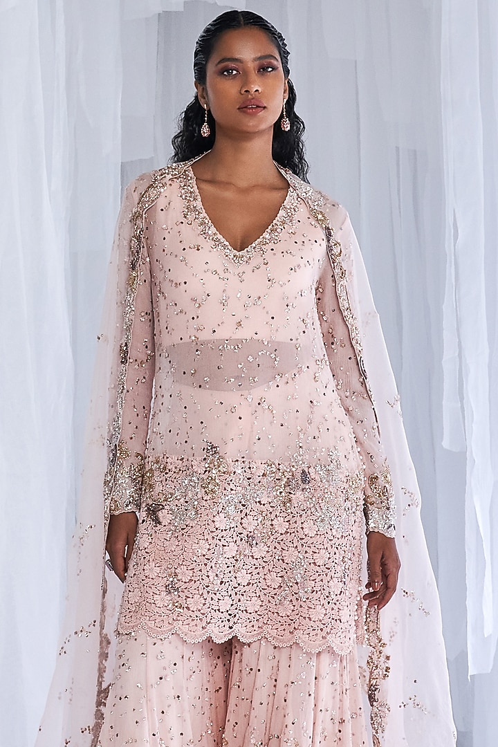 Pale Pink Chiffon Embroidered Bridal Sharara Set by Dolly J at Pernia's Pop Up Shop
