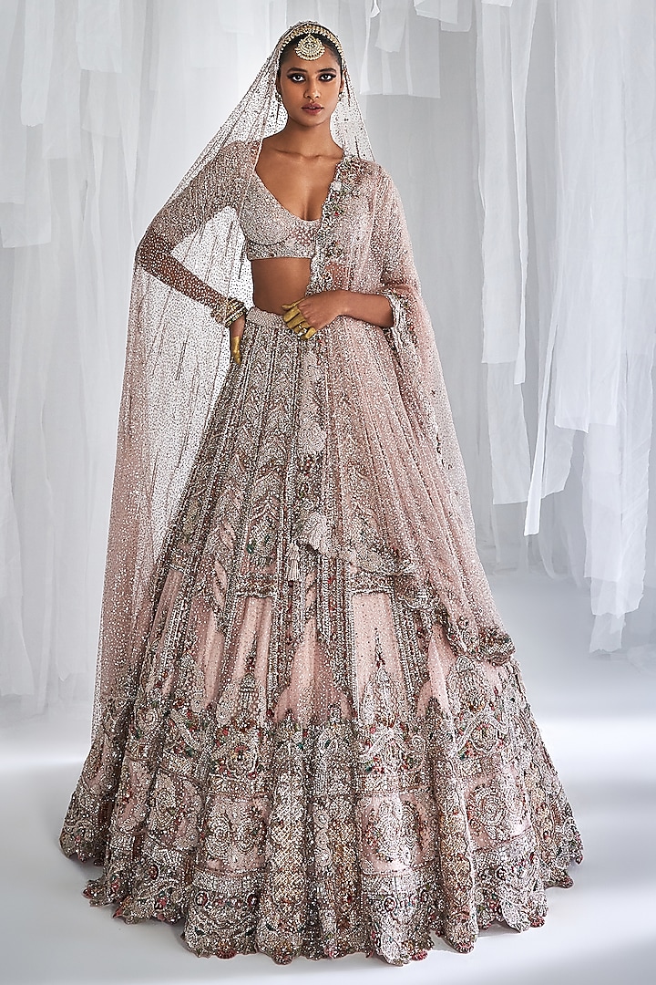 Pale Pink Shimmer Tulle Embroidered Lehenga Set by Dolly J