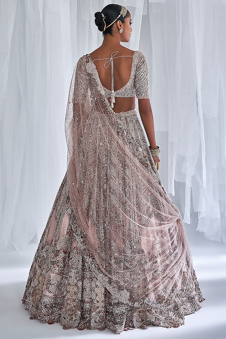 Pale Pink Shimmer Tulle Embroidered Bridal Lehenga Set by Dolly J at Pernia's Pop Up Shop