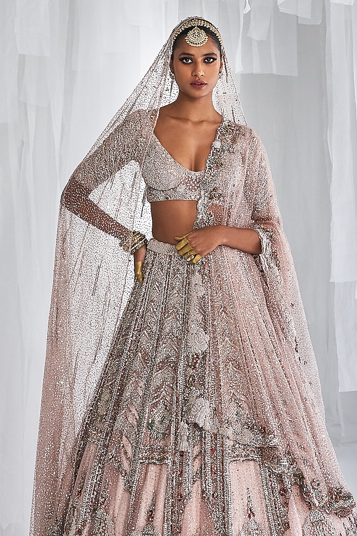Pale Pink Shimmer Tulle Embroidered Bridal Lehenga Set by Dolly J at Pernia's Pop Up Shop