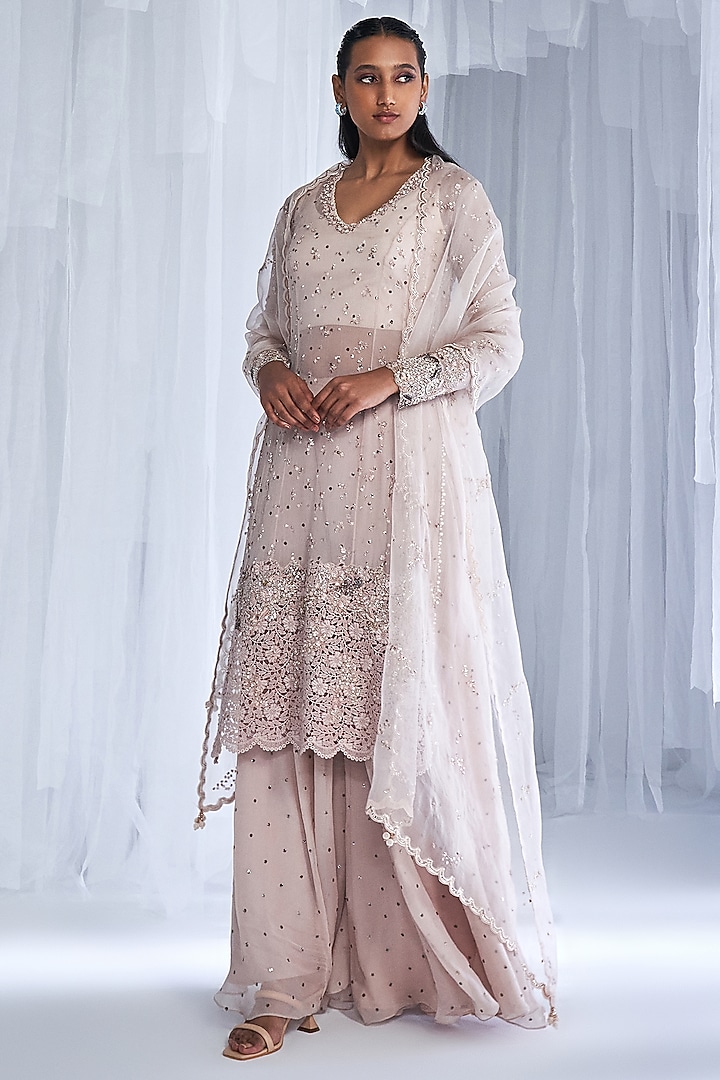 Ivory Chiffon Embroidered Bridal Sharara Set by Dolly J at Pernia's Pop Up Shop