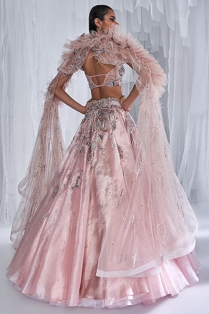 Pale Peach Shimmer Organza Embroidered Bridal Lehenga Set by Dolly J at Pernia's Pop Up Shop