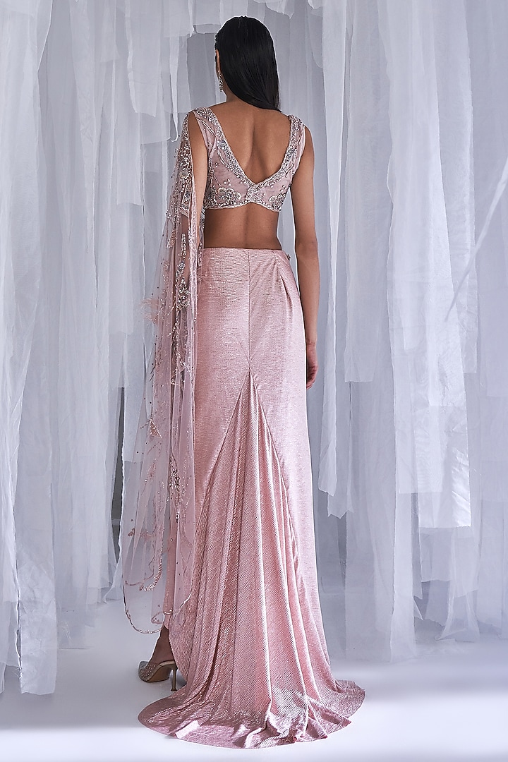 Pale Peach Metallic Woven Lycra Satin Draped Reception Gown Saree Set by Dolly J at Pernia's Pop Up Shop