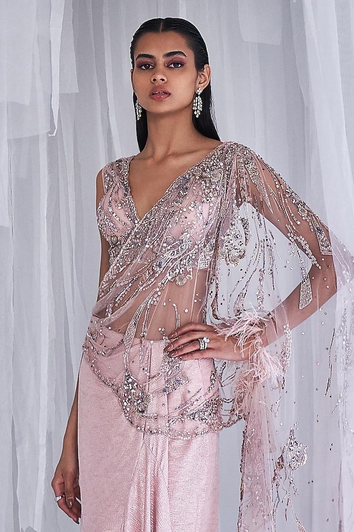 Pale Peach Metallic Woven Lycra Satin Draped Reception Gown Saree Set by Dolly J at Pernia's Pop Up Shop