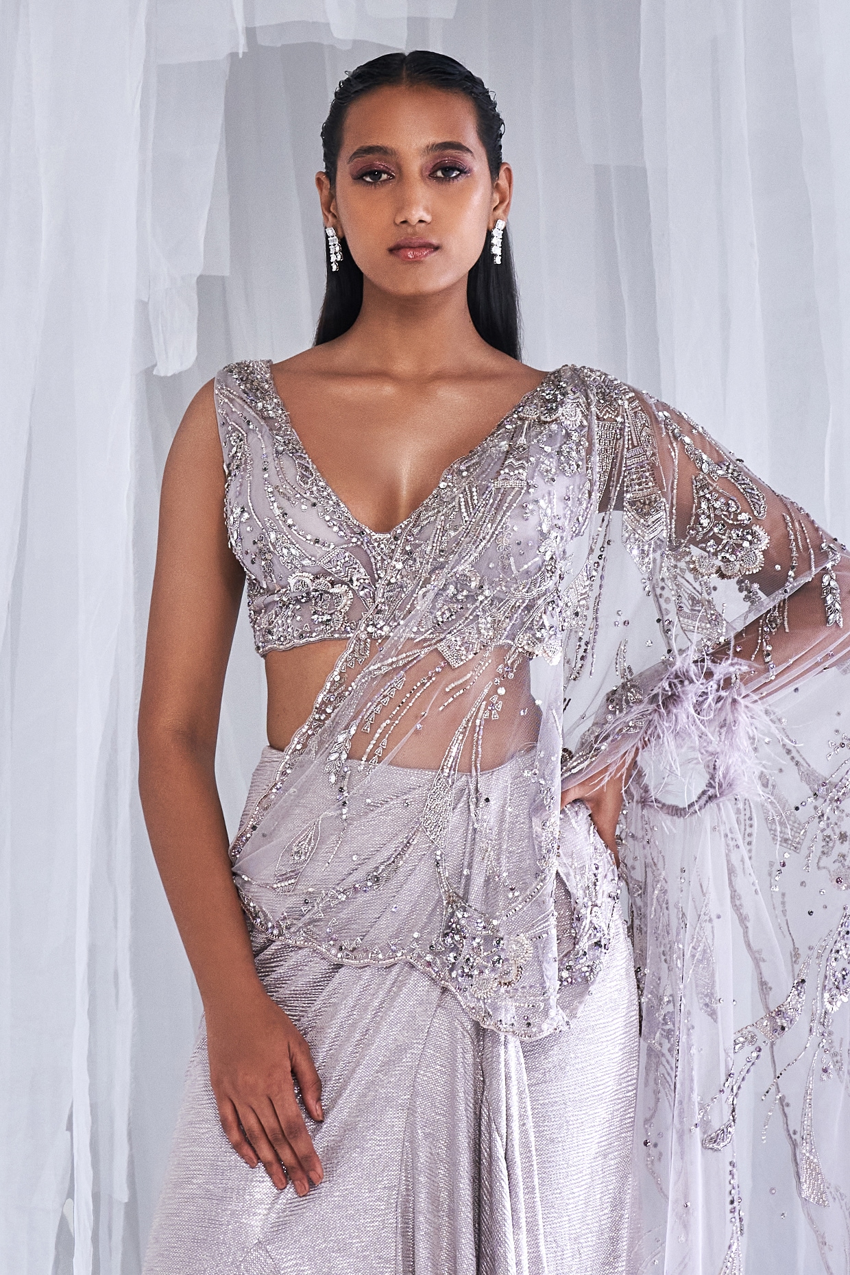 Silver Hued Metallic Pre Pleated Saree Set - Deme X Kalki- Fabilicious  Fashion