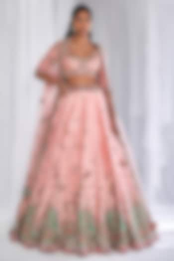 Peach Raw Silk Embroidered Lehenga Set by Dolly J