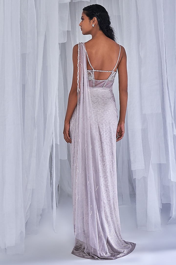 Pale Silver Metallic Embroidered Draped Gown Design by Dolly J at Pernia's Pop Up Shop 2026 Pale Silver Metallic Embroidered Draped Gown Design by Dolly J at Pernia's Pop Up Shop 2026