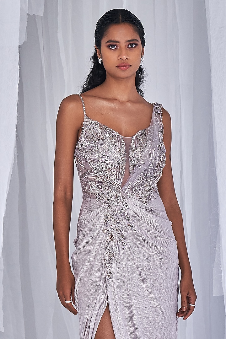 Pale Silver Metallic Embroidered Draped Gown Design by Dolly J at Pernia's  Pop Up Shop 2026