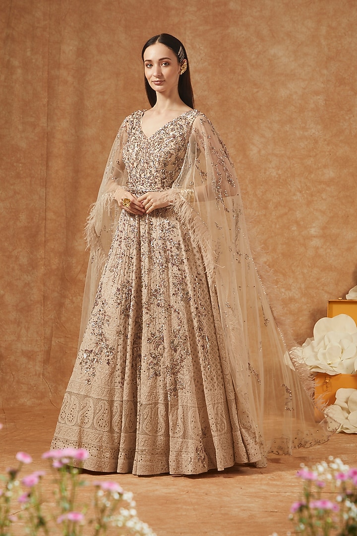 Cream Shimmer Tulle Embellished Bridal Gown by Dolly J at Pernia's Pop Up Shop