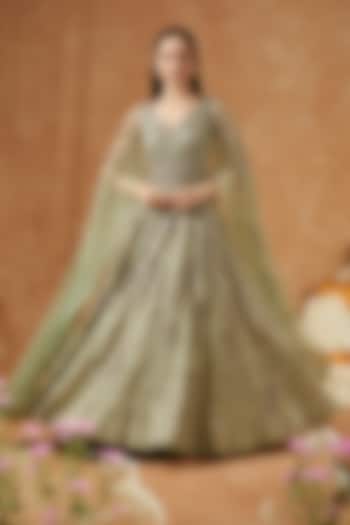 Pista Green Shimmer Tulle Embellished Bridal Gown by Dolly J at Pernia's Pop Up Shop