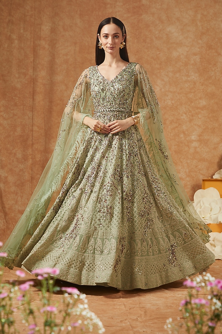 Pista Green Shimmer Tulle Embellished Bridal Gown by Dolly J at Pernia's Pop Up Shop