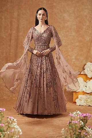 Mauve Organza Embellished Anarkali Set by Dolly J