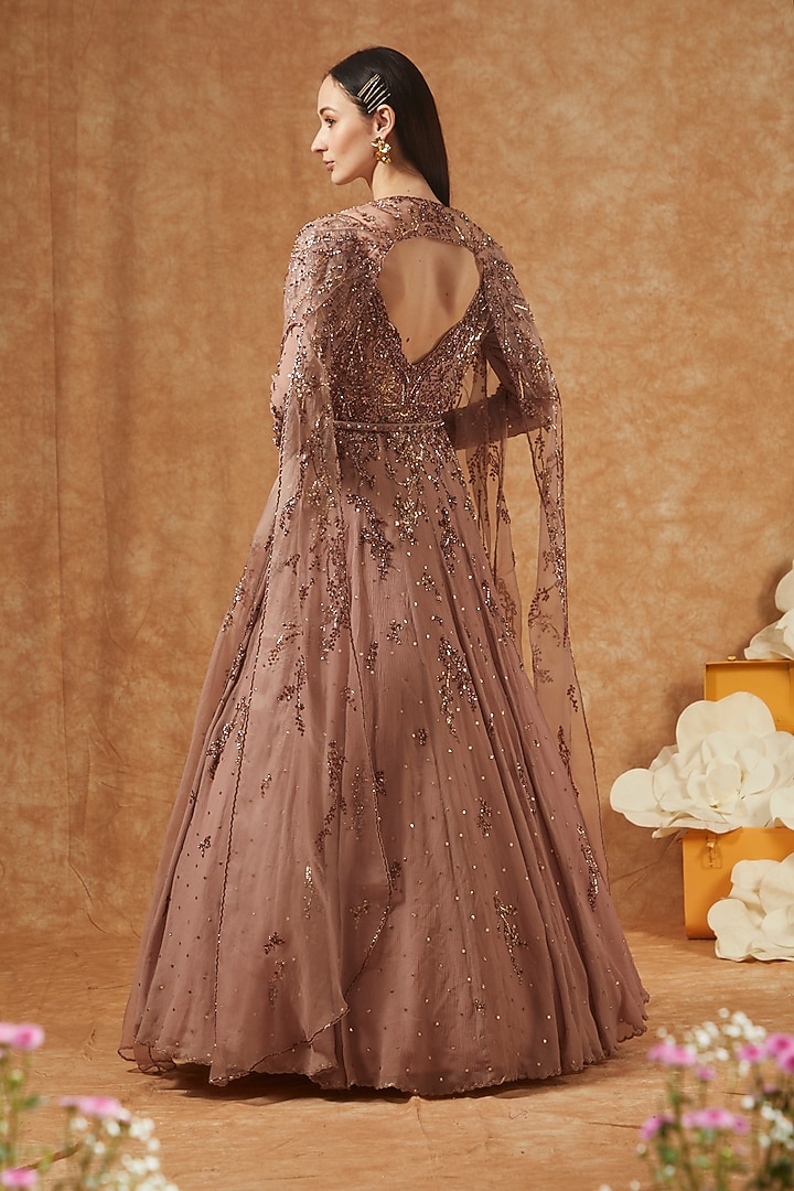 Mauve Organza Embellished Bridal Anarkali Set by Dolly J at Pernia's Pop Up Shop