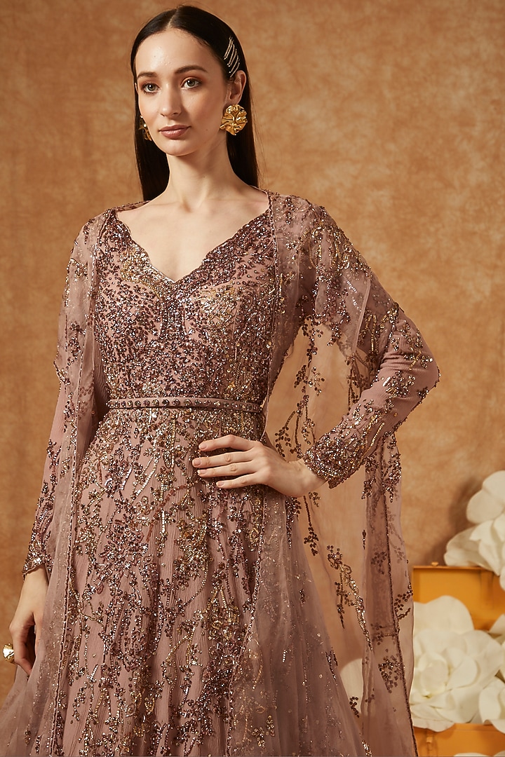 Mauve Organza Embellished Bridal Anarkali Set by Dolly J at Pernia's Pop Up Shop