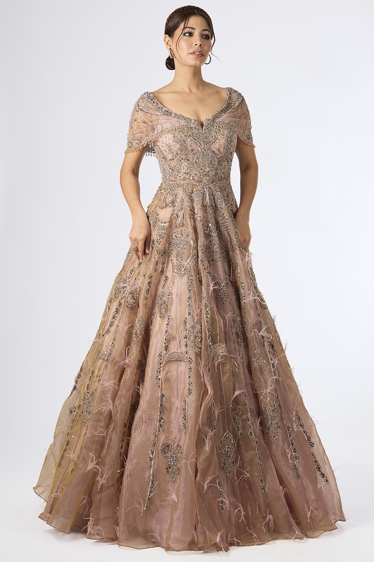 Mauve Organza Thread & Feather Embellished Bridal Gown by Dolly J at Pernia's Pop Up Shop