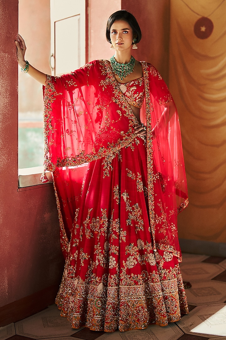 Crimson Silk Embellished Bridal Lehenga Set by Dolly J at Pernia's Pop Up Shop