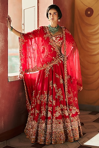 Crimson Silk Embellished Lehenga Set by Dolly J
