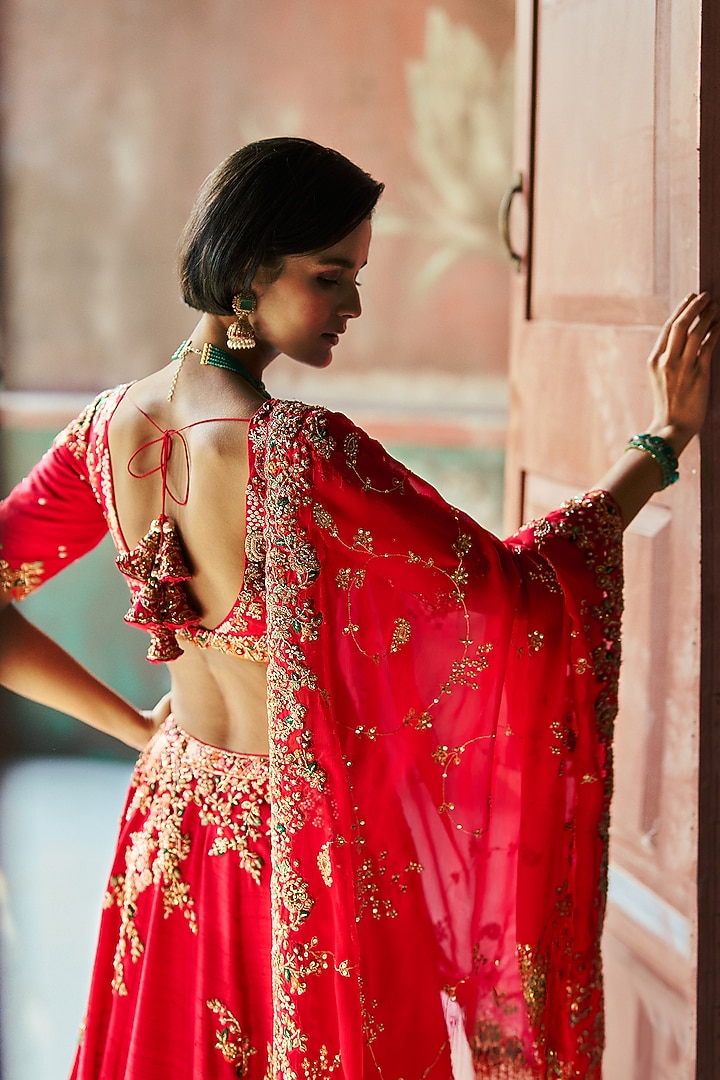 Crimson Silk Embellished Bridal Lehenga Set by Dolly J at Pernia's Pop Up Shop