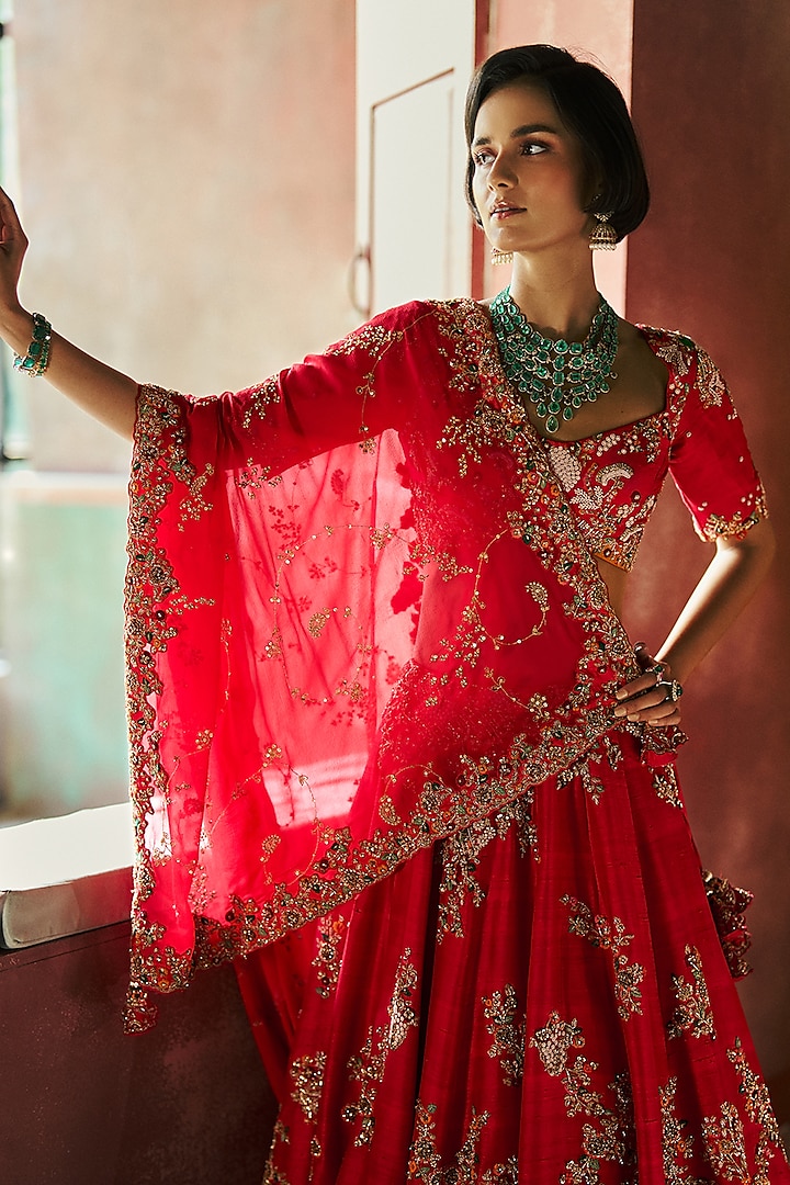 Crimson Silk Embellished Bridal Lehenga Set by Dolly J at Pernia's Pop Up Shop