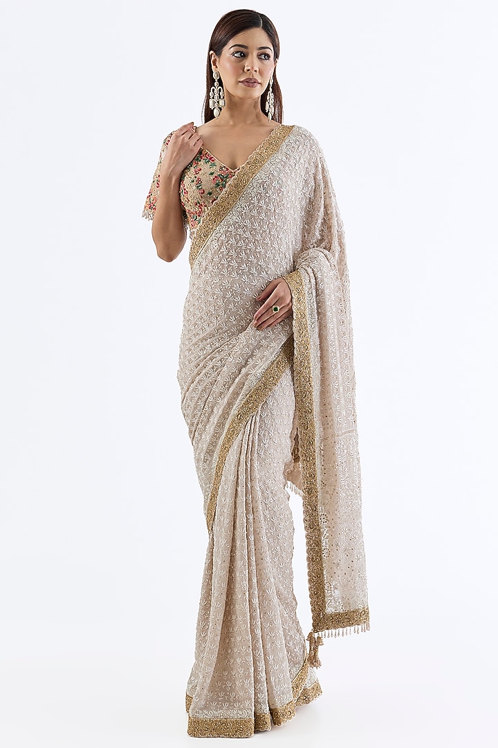 Ivory Chikankari Hand Embroidered Bridal Saree Set by Dolly J at Pernia's Pop Up Shop