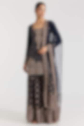 Navy Blue Crepe Gold Hand Embellished Bridal Sharara Set by Dolly J at Pernia's Pop Up Shop