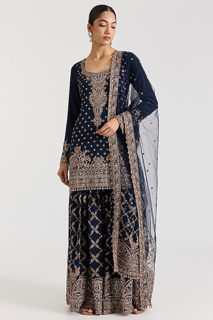 Navy Blue Crepe Gold Hand Embellished Bridal Sharara Set by Dolly J at Pernia's Pop Up Shop