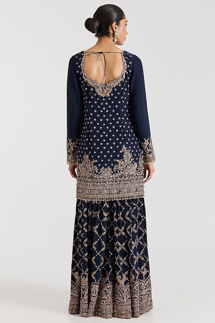 Navy Blue Crepe Gold Hand Embellished Bridal Sharara Set by Dolly J at Pernia's Pop Up Shop