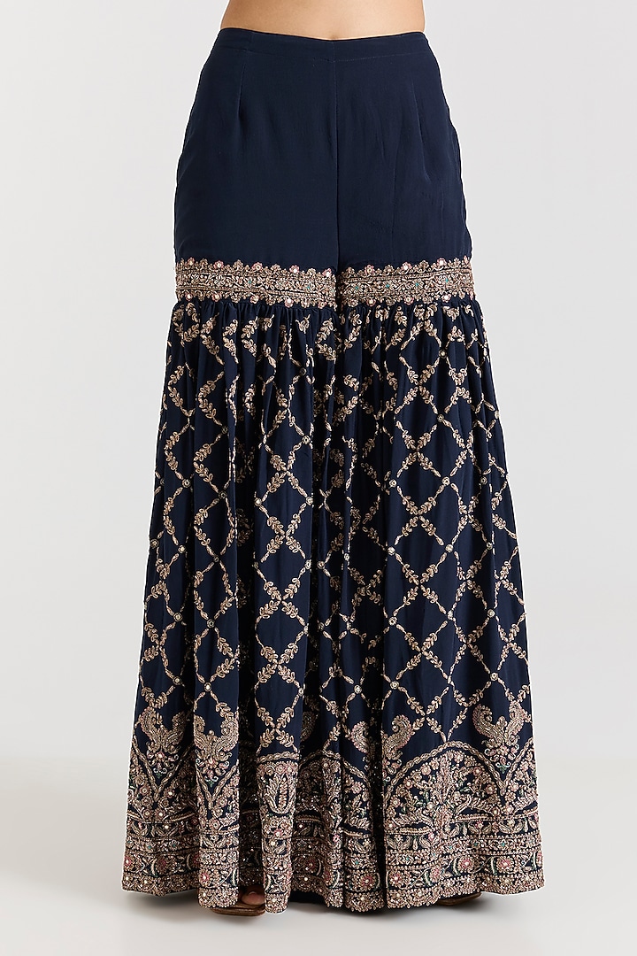 Navy Blue Crepe Gold Hand Embellished Bridal Sharara Set by Dolly J at Pernia's Pop Up Shop