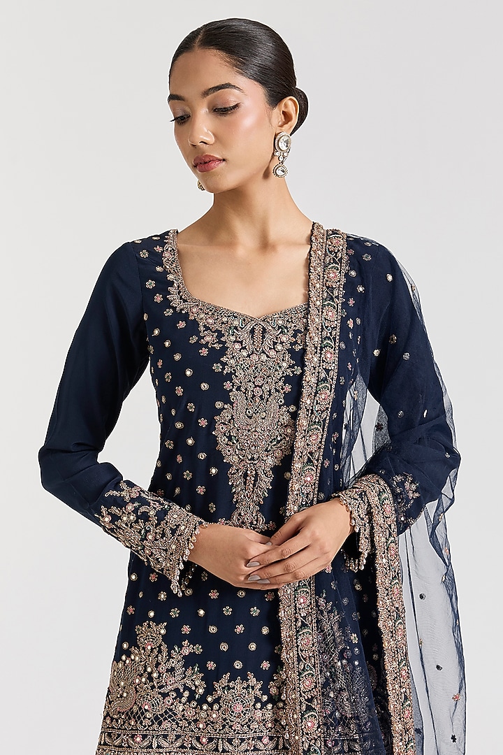 Navy Blue Crepe Gold Hand Embellished Bridal Sharara Set by Dolly J at Pernia's Pop Up Shop