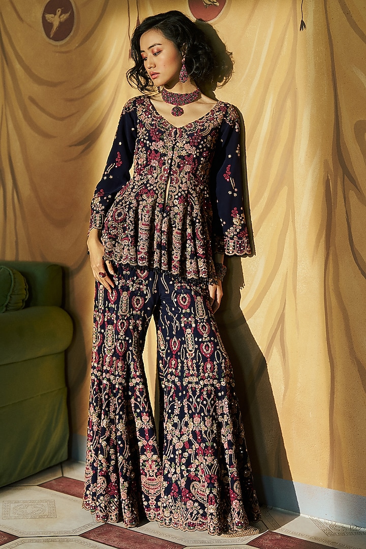 Ink Blue Crepe Dori Embroidered Bridal Sharara Set by Dolly J at Pernia's Pop Up Shop