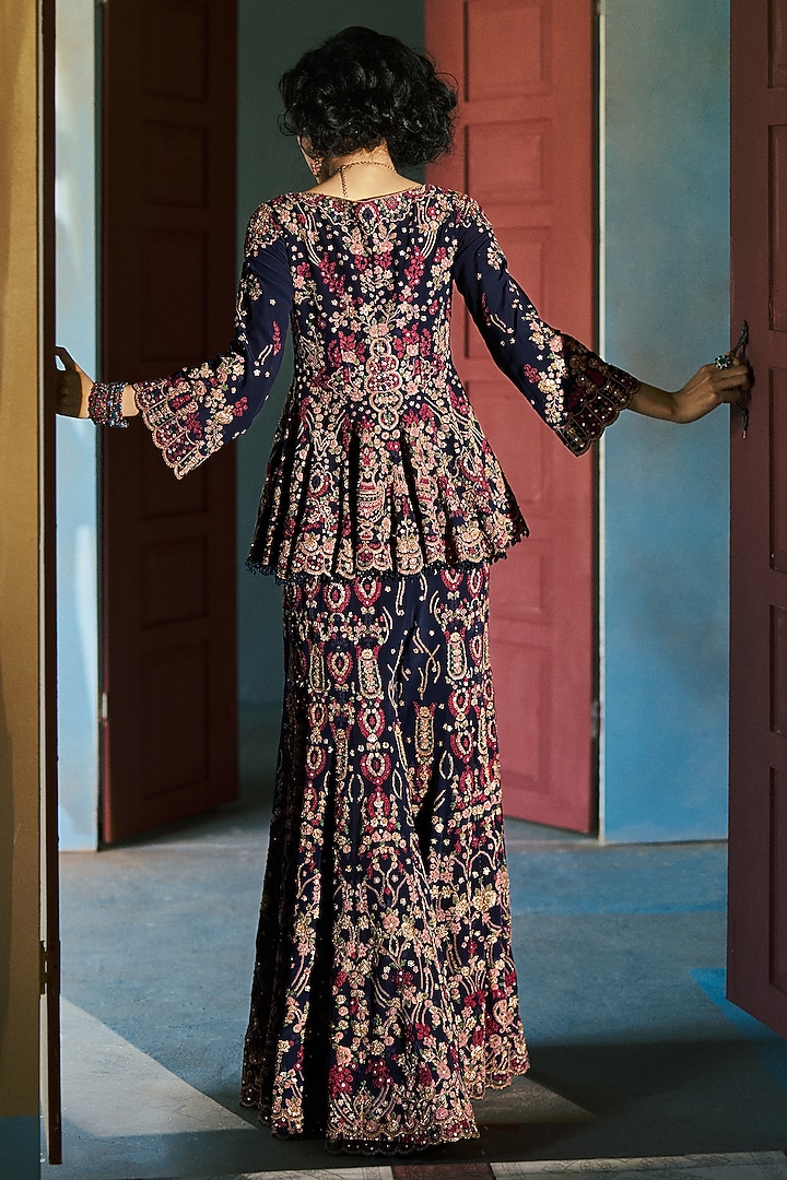 Ink Blue Crepe Dori Embroidered Bridal Sharara Set by Dolly J at Pernia's Pop Up Shop