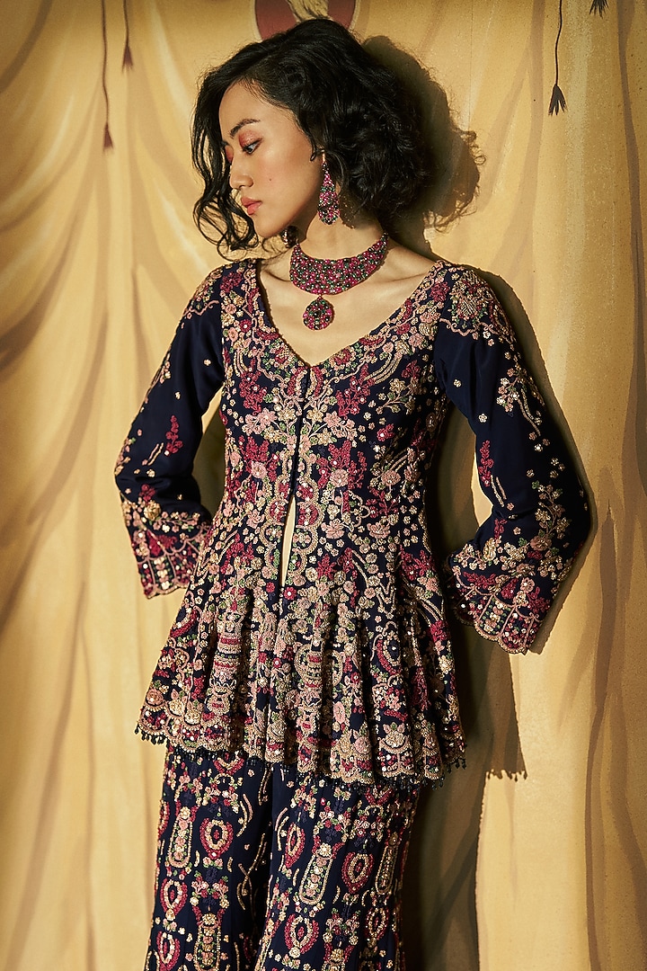Ink Blue Crepe Dori Embroidered Bridal Sharara Set by Dolly J at Pernia's Pop Up Shop